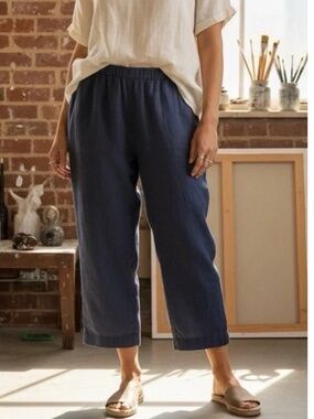 J. Jill‎ Navy Relaxed Loose Fit Linen Cropped Pull On Pants Size Medium Tall
